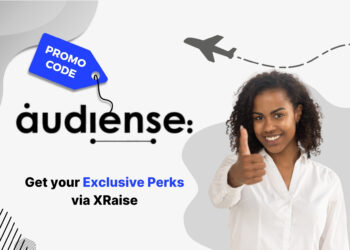 Audiense promo code banner by XRaise — woman in white shirt giving a thumbs up, standing next to the Audiense logo and “Get your exclusive perks via XRaise” text.