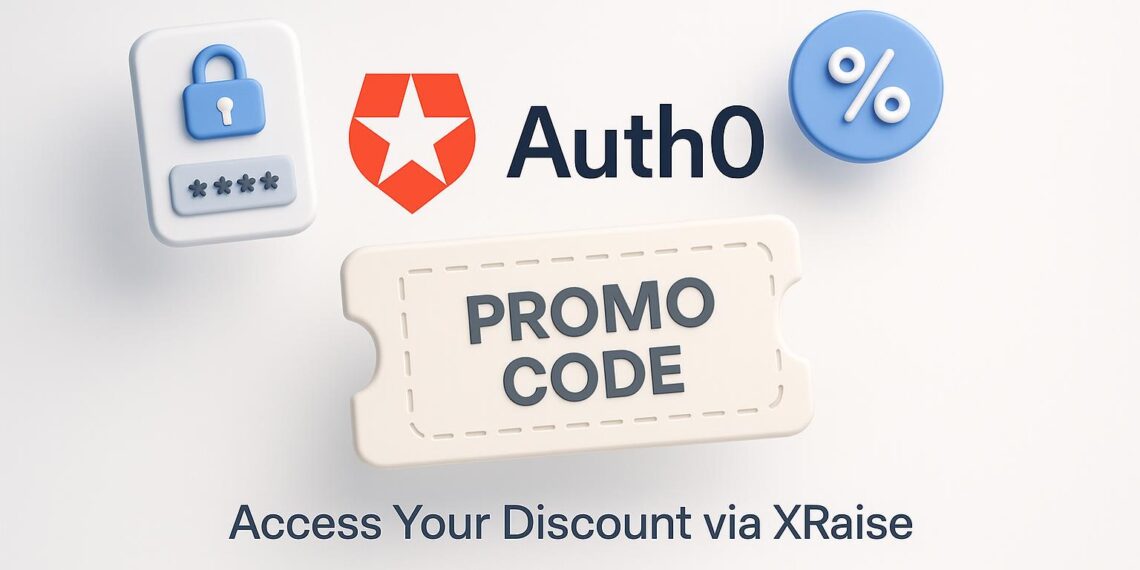 Illustrated cover image featuring the Auth0 logo and interface, highlighting the exclusive startup promo code available via XRaise
