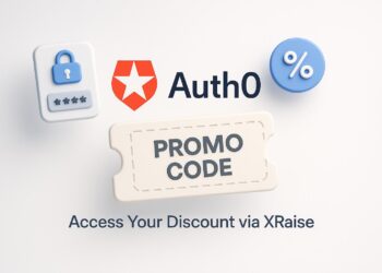 Illustrated cover image featuring the Auth0 logo and interface, highlighting the exclusive startup promo code available via XRaise