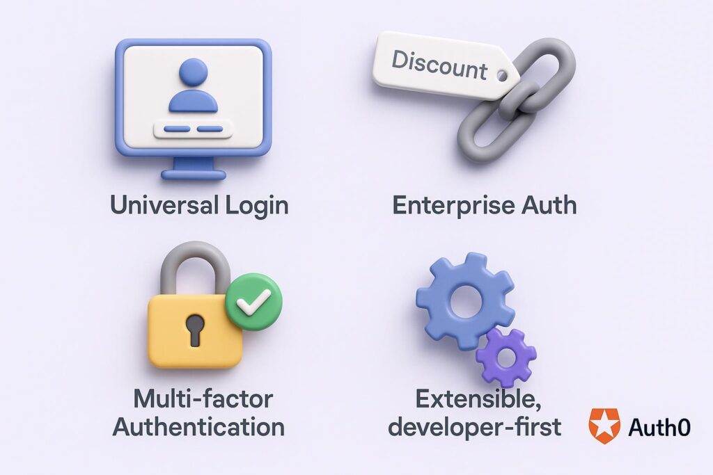 Visual breakdown of Auth0 key feature with a caption promoting the available startup discount through XRaise