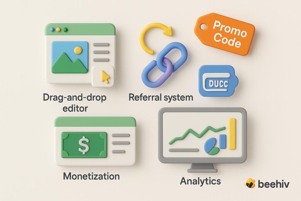 Visual breakdown of Beehiiv key feature with a caption promoting the available startup discount through XRaise