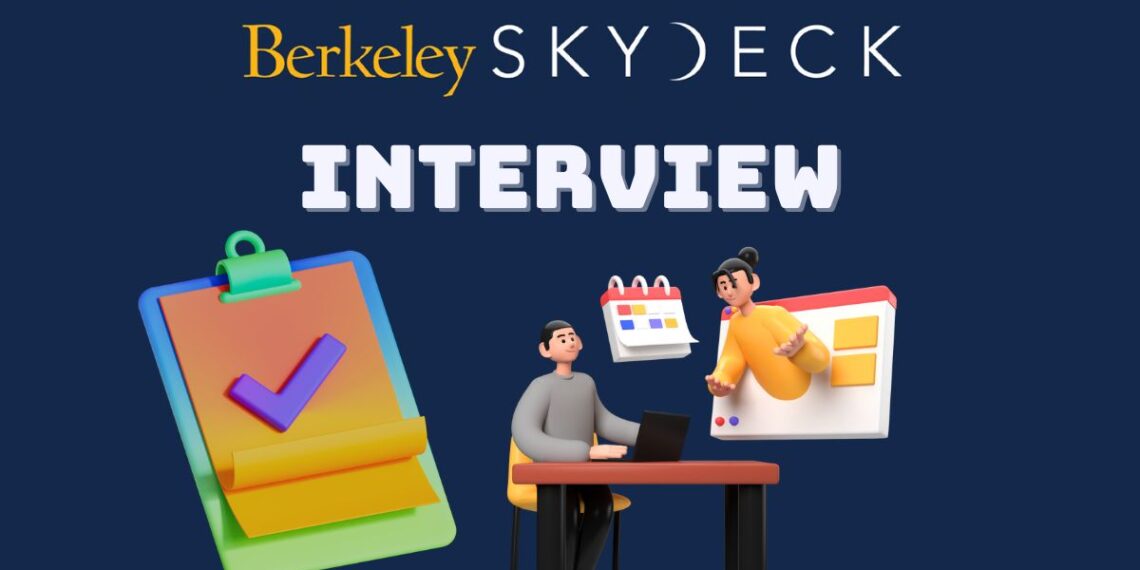 Minimalist illustration representing a founder preparing for a Berkeley SkyDeck Accelerator Interview — laptops open, notes on the desk, focused atmosphere.