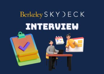 Minimalist illustration representing a founder preparing for a Berkeley SkyDeck Accelerator Interview — laptops open, notes on the desk, focused atmosphere.