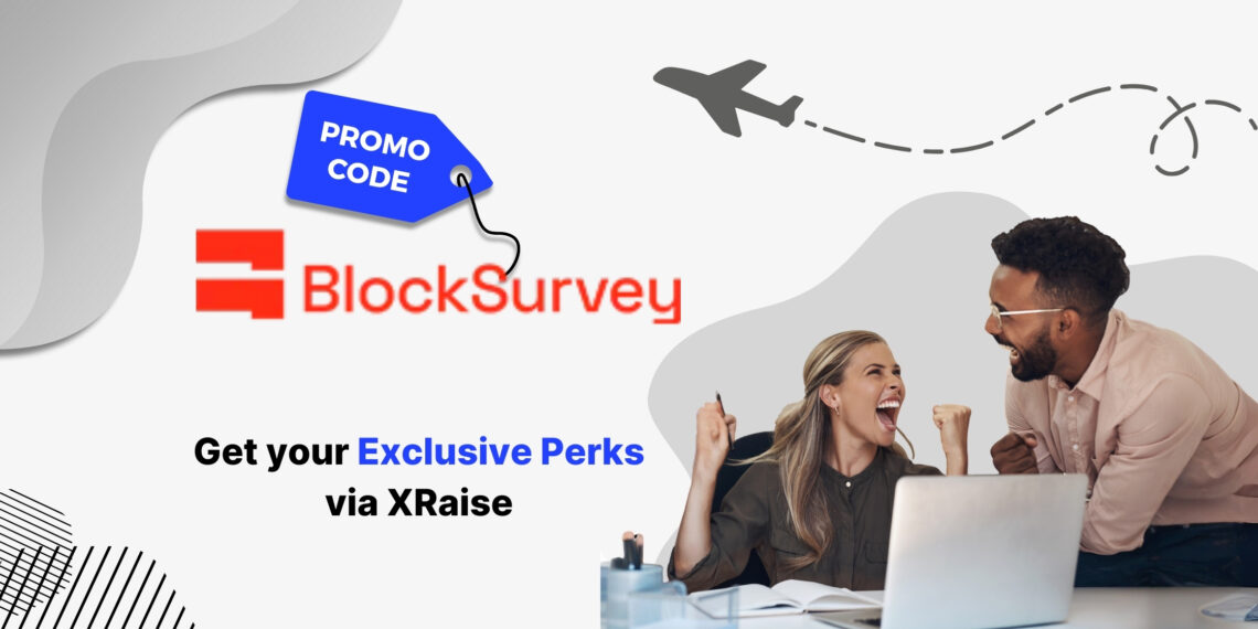 BlockSurvey promo code banner – XRaise startup perks for privacy-first survey tool, showing cheerful team celebrating success at laptop