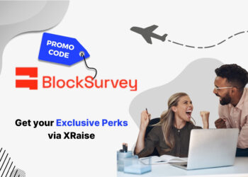 BlockSurvey promo code banner – XRaise startup perks for privacy-first survey tool, showing cheerful team celebrating success at laptop