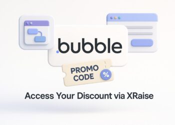 Illustrated cover image featuring the Bubble logo and interface, highlighting the exclusive startup promo code available via XRaise