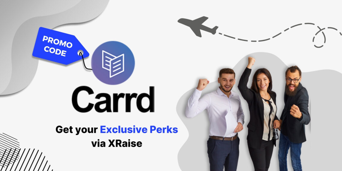 Carrd promo code banner – XRaise perks for simple landing page builder, featuring happy diverse startup team celebrating together