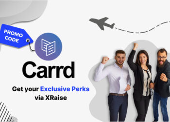 Carrd promo code banner – XRaise perks for simple landing page builder, featuring happy diverse startup team celebrating together