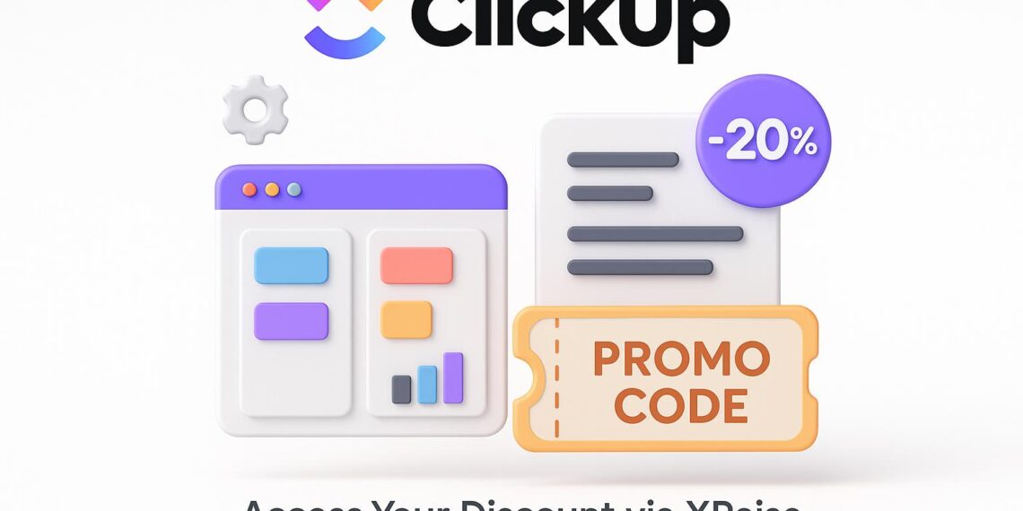 Illustrated cover image featuring the ClickUp logo and interface, highlighting the exclusive startup promo code available via XRaise