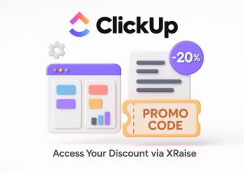 Illustrated cover image featuring the ClickUp logo and interface, highlighting the exclusive startup promo code available via XRaise