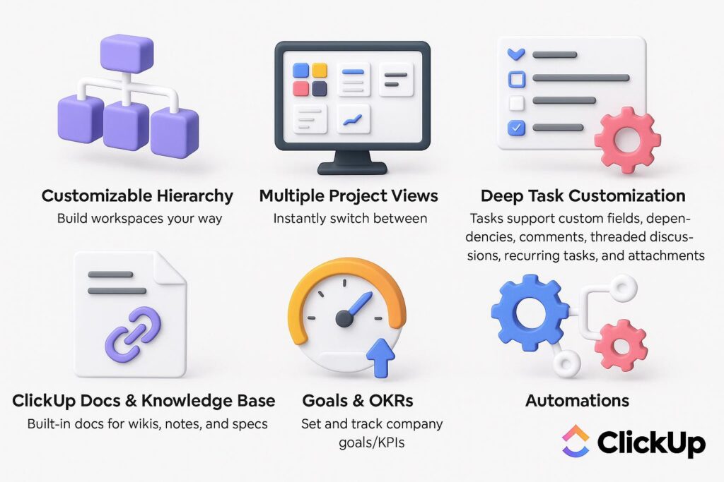 Visual representation of key features offered by ClickUp, including dashboard, integrations, and automation tools relevant for startup use.