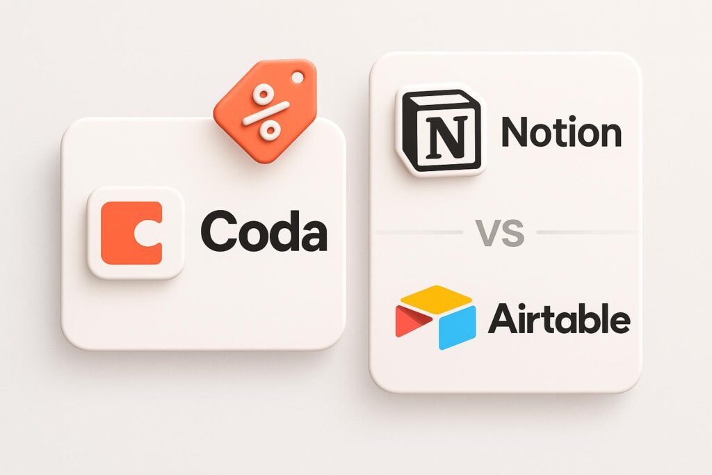 Comparison chart of Coda vs top alternatives (e.g., Notion, Airtable), highlighting the benefits of using XRaise to claim the Coda startup promo code
