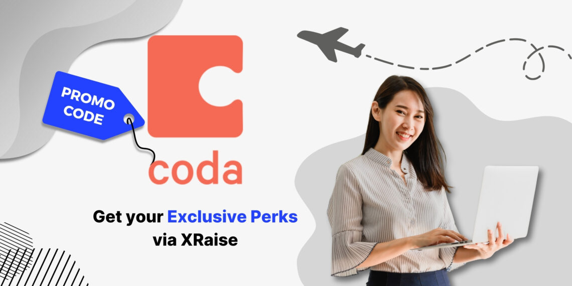 Coda promo code banner featuring the Coda logo, blue promo tag, and a smiling professional woman holding a laptop, highlighting exclusive perks via XRaise.