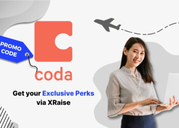 Coda promo code banner featuring the Coda logo, blue promo tag, and a smiling professional woman holding a laptop, highlighting exclusive perks via XRaise.