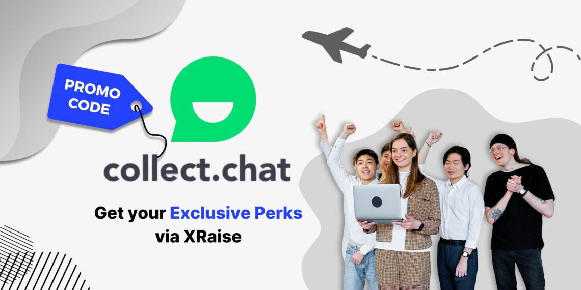 Collect.chat promo code banner – XRaise exclusive perks for startups with chatbot automation tool, showing excited diverse founders holding laptop