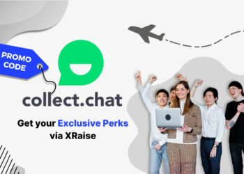 Collect.chat promo code banner – XRaise exclusive perks for startups with chatbot automation tool, showing excited diverse founders holding laptop