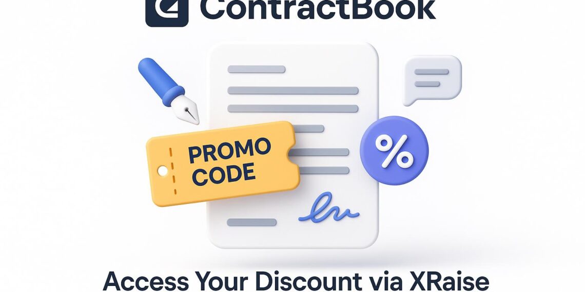 Illustrated cover image featuring the ContractBook logo and interface, highlighting the exclusive startup promo code available via XRaise