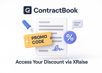 Illustrated cover image featuring the ContractBook logo and interface, highlighting the exclusive startup promo code available via XRaise