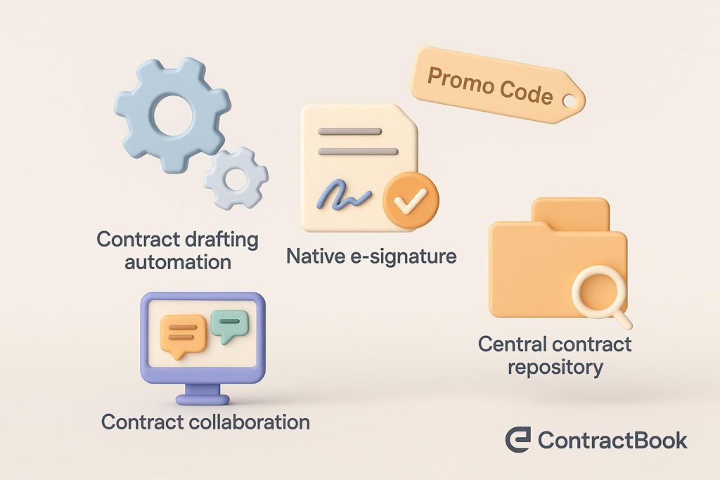 Visual breakdown of ContractBook key feature with a caption promoting the available startup discount through XRaise