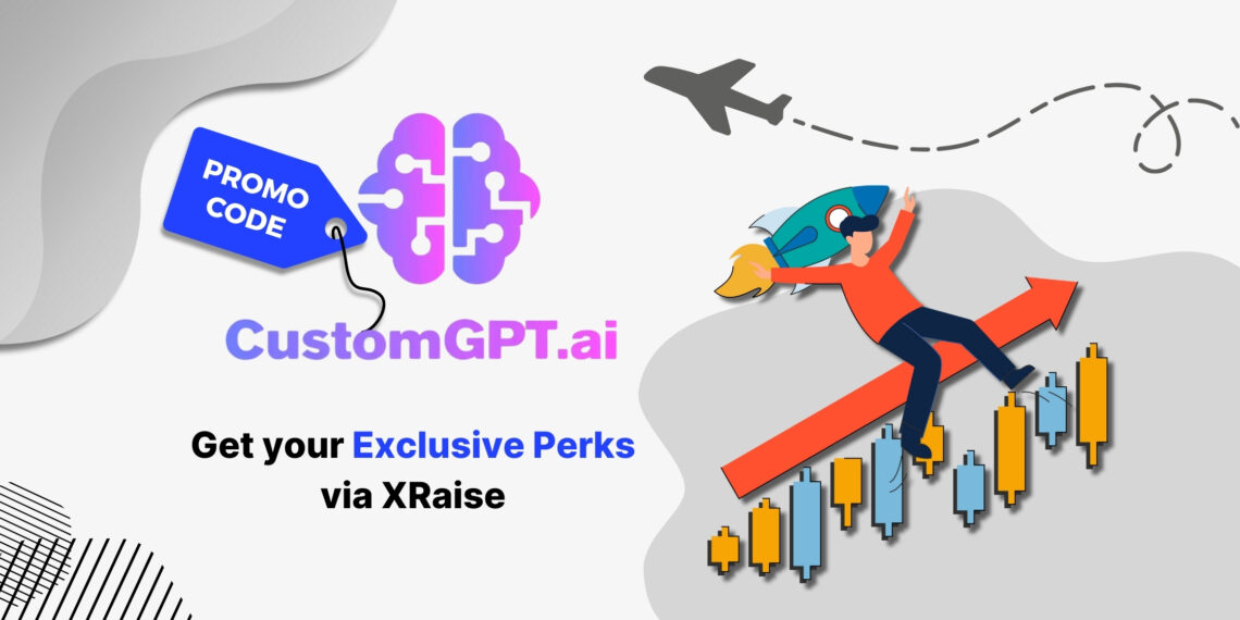 CustomGPT.ai promo code — illustration of startup founder with rocket pack flying upward on growth chart bars, showcasing CustomGPT.ai logo and XRaise exclusive perks