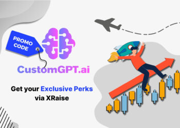 CustomGPT.ai promo code — illustration of startup founder with rocket pack flying upward on growth chart bars, showcasing CustomGPT.ai logo and XRaise exclusive perks
