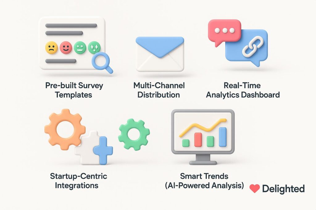 Visual representation of key features offered by Delighted, including dashboard, integrations, and automation tools relevant for startup use.