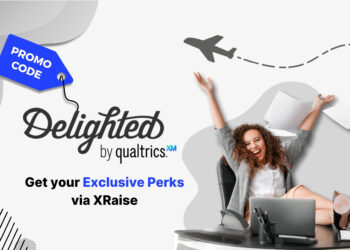 Delighted by Qualtrics promo code banner with logo, blue promo tag, and a joyful professional woman leaning back at her desk throwing papers, promoting perks via XRaise.