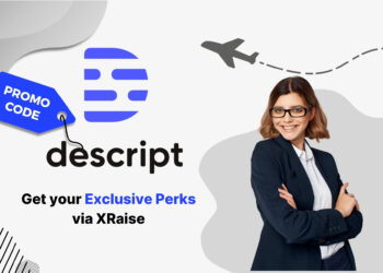 Descript promo code — woman in glasses and navy suit smiling confidently, standing next to Descript logo with XRaise exclusive perks promotional banner