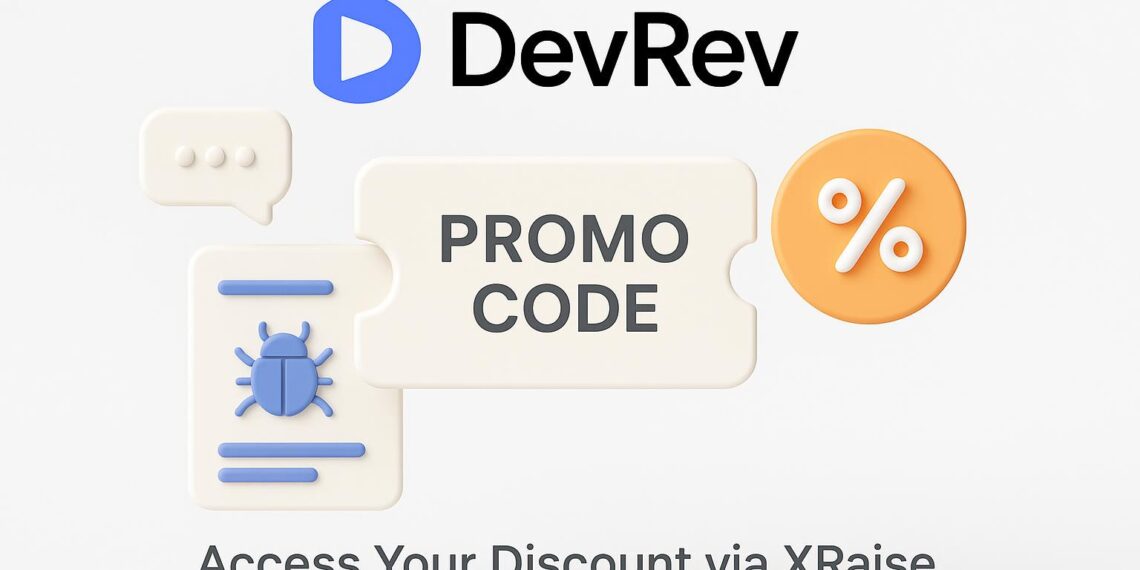 Illustrated cover image featuring the DevRev logo and interface, highlighting the exclusive startup promo code available via XRaise