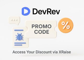 Illustrated cover image featuring the DevRev logo and interface, highlighting the exclusive startup promo code available via XRaise