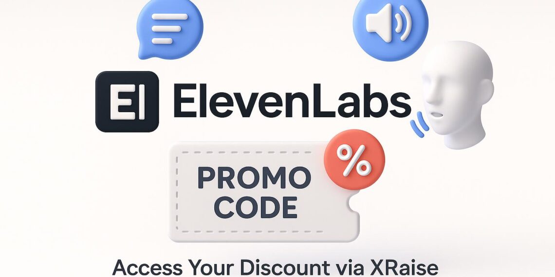 Illustrated cover image featuring the ElevenLabs logo and interface, highlighting the exclusive startup promo code available via XRaise