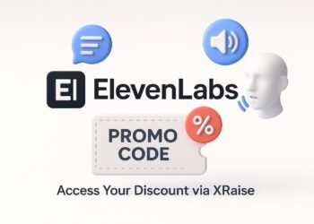 Illustrated cover image featuring the ElevenLabs logo and interface, highlighting the exclusive startup promo code available via XRaise