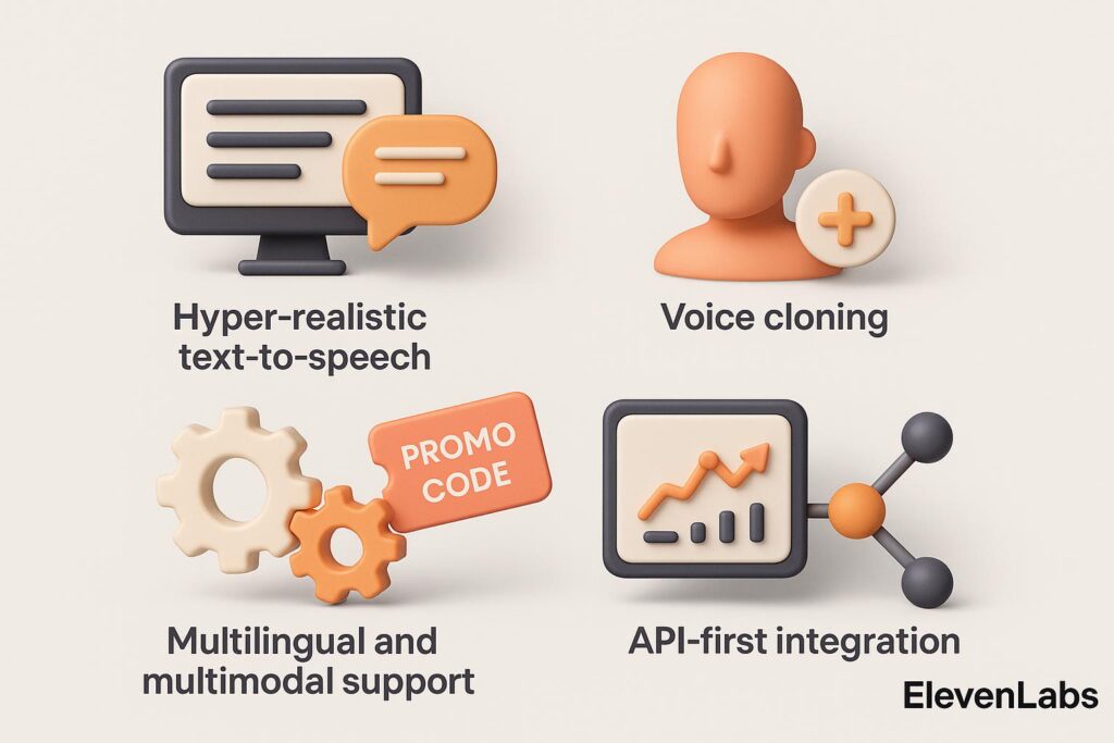 Visual breakdown of ElevenLabs key feature with a caption promoting the available startup discount through XRaise