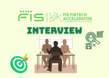 Minimalist illustration representing a founder preparing for a FIS Fintech Accelerator Interview — laptops open, notes on the desk, focused atmosphere.