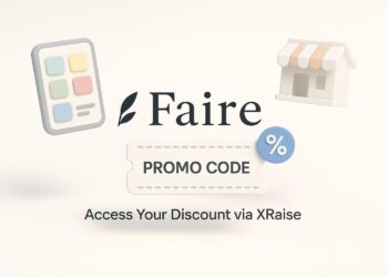 Illustrated cover image featuring the Faire logo and interface, highlighting the exclusive startup promo code available via XRaise