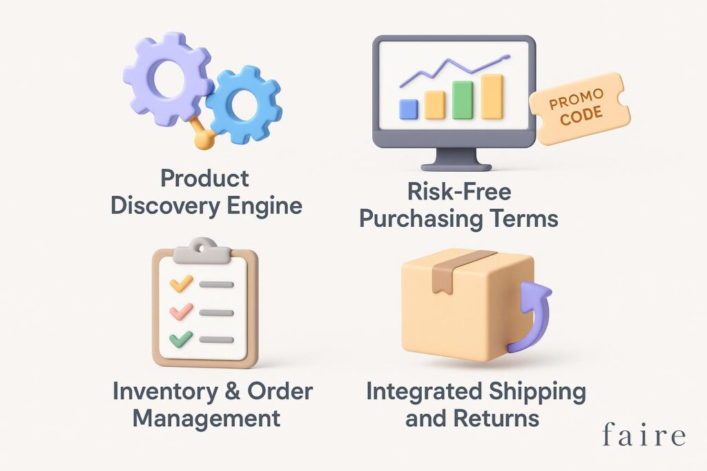 Visual breakdown of Faire key feature with a caption promoting the available startup discount through XRaise