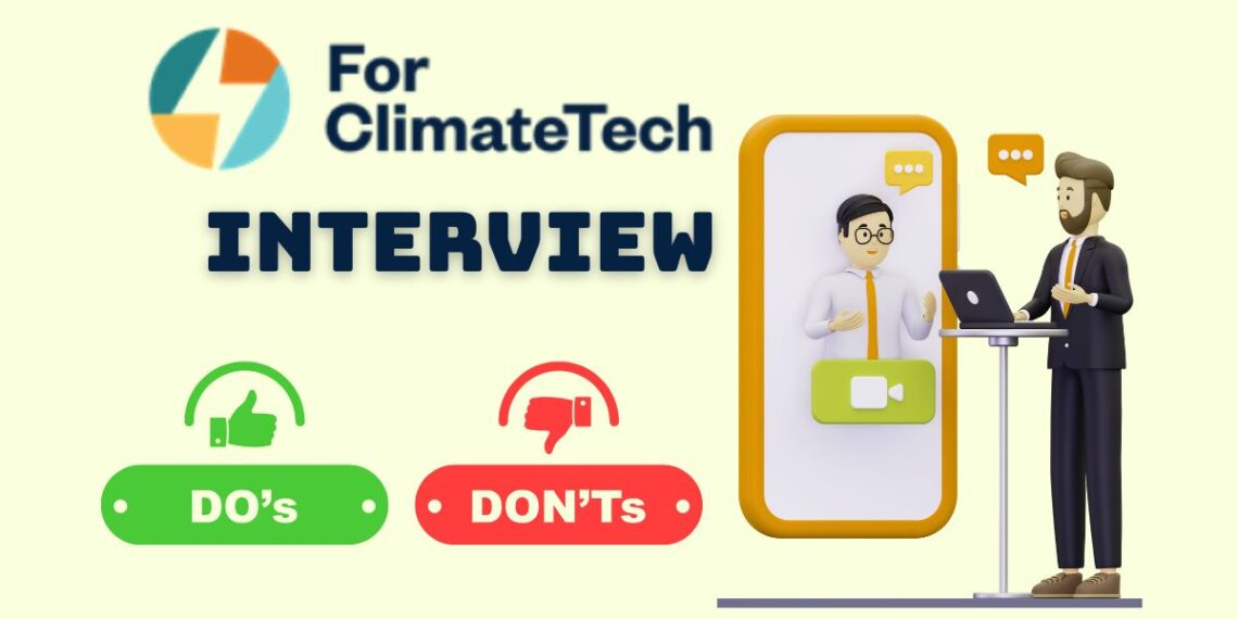 Minimalist illustration representing a founder preparing for a For ClimateTech Accelerator Interview — laptops open, notes on the desk, focused atmosphere.