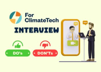 Minimalist illustration representing a founder preparing for a For ClimateTech Accelerator Interview — laptops open, notes on the desk, focused atmosphere.