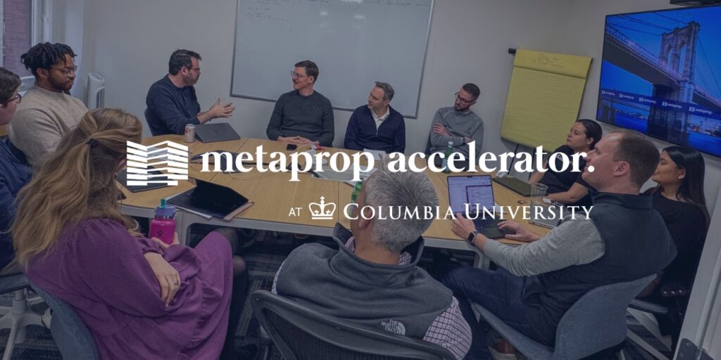 Visual depiction of a MetaProp Accelerator Interview via Zoom, with a founder facing a panel of interviewers, capturing the fast-paced, high-stakes dynamic.