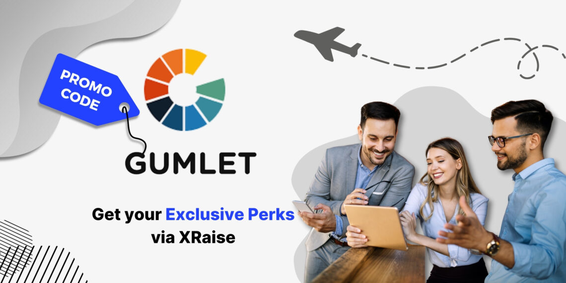Gumlet promo code banner with colorful Gumlet logo, blue promo tag, and a group of professionals reviewing a tablet, highlighting exclusive perks via XRaise.