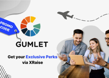 Gumlet promo code banner with colorful Gumlet logo, blue promo tag, and a group of professionals reviewing a tablet, highlighting exclusive perks via XRaise.
