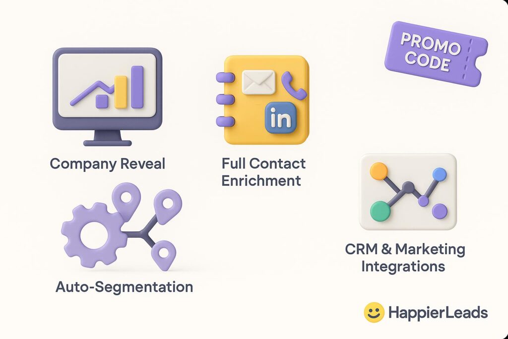 Visual breakdown of HappierLeads key feature with a caption promoting the available startup discount through XRaise