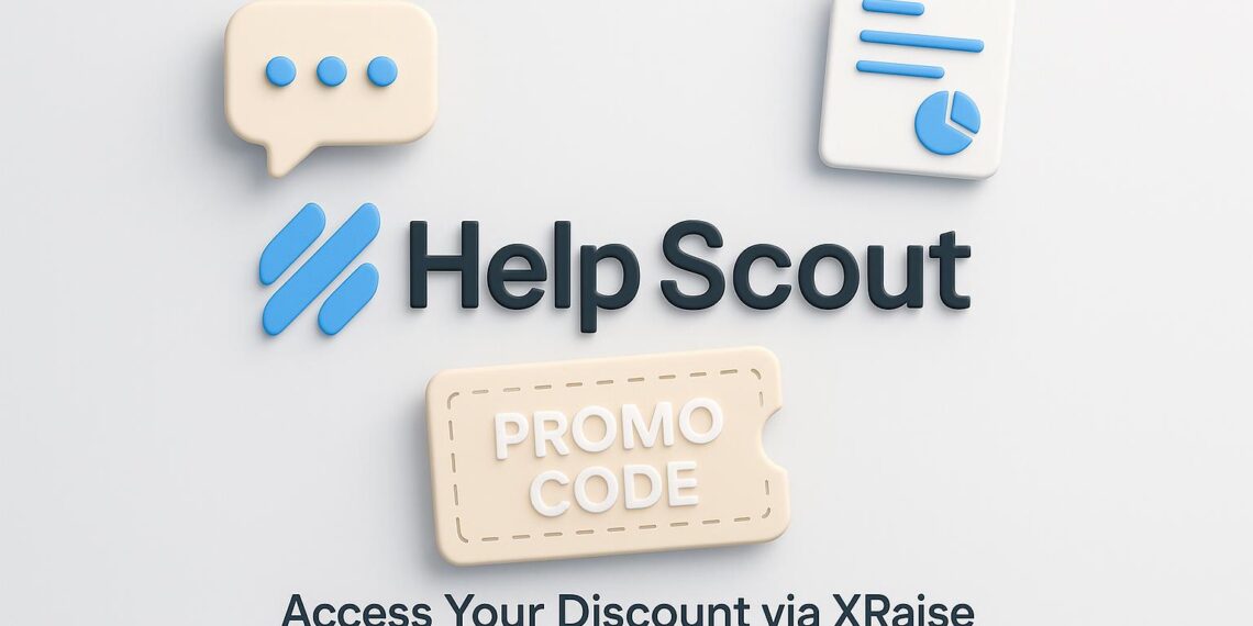 Illustrated cover image featuring the Help Scout logo and interface, highlighting the exclusive startup promo code available via XRaise