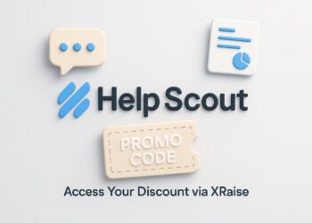 Illustrated cover image featuring the Help Scout logo and interface, highlighting the exclusive startup promo code available via XRaise
