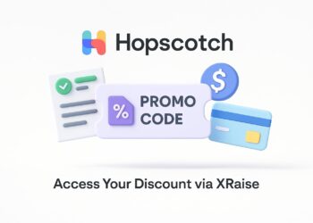 Illustrated cover image featuring the Hopscotch logo and interface, highlighting the exclusive startup promo code available via XRaise