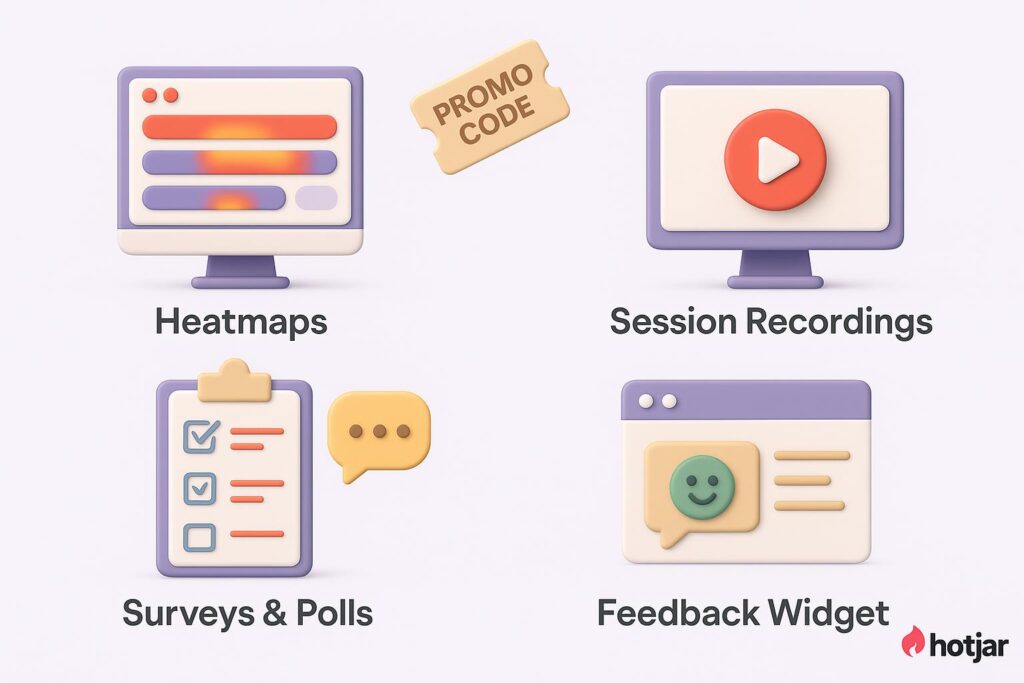 Visual breakdown of HotJar key feature with a caption promoting the available startup discount through XRaise