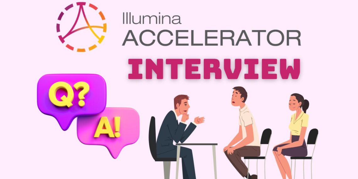 Minimalist illustration representing a founder preparing for a Illumina Accelerator Interview — laptops open, notes on the desk, focused atmosphere.