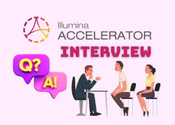 Minimalist illustration representing a founder preparing for a Illumina Accelerator Interview — laptops open, notes on the desk, focused atmosphere.