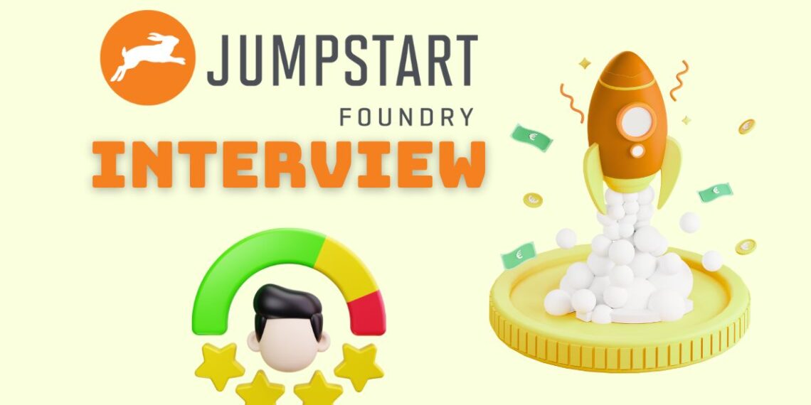 Minimalist illustration representing a founder preparing for a Jumpstart Foundry Accelerator Interview — laptops open, notes on the desk, focused atmosphere.