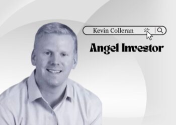 Illustration of Kevin Colleran smiling in startup hoodie with Facebook blue accents and Slow Ventures logo behind him.